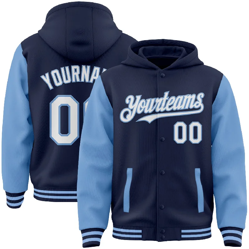 Relaxed-Fit Unisex Fashion For All-Day Comfort Flash Sale Now Custom Navy White-Light Blue Bomber Full-Snap Varsity Letterman Two Tone Hoodie Jacket