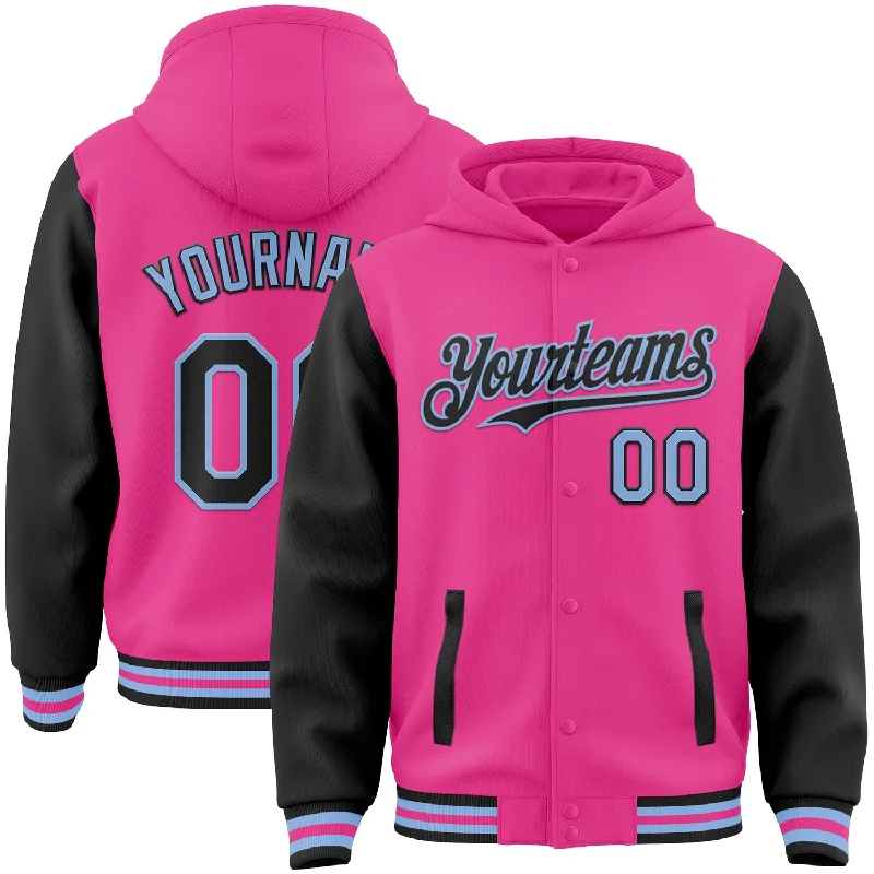 Sleek And Comfortable Unisex Wear Romantic Fashion Discounts Custom Pink Black-Light Blue Bomber Full-Snap Varsity Letterman Two Tone Hoodie Jacket Sleek And Comfortable Unisex Wear Romantic Fashion Discounts Custom Pink Black-Light Blue Bomber Full-Snap Varsity Letterman Two Tone Hoodie Jacket
