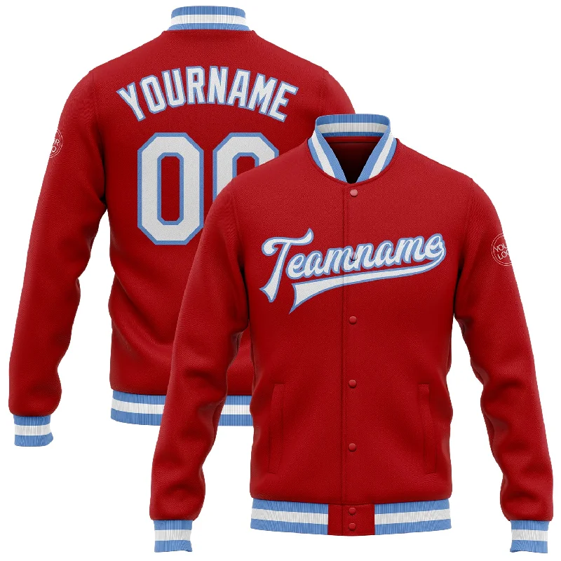 Oversized And Relaxed Unisex Fashion Fashion-Forward Offers Custom Red White-Light Blue Bomber Full-Snap Varsity Letterman Jacket Oversized And Relaxed Unisex Fashion Fashion-Forward Offers Custom Red White-Light Blue Bomber Full-Snap Varsity Letterman Jacket