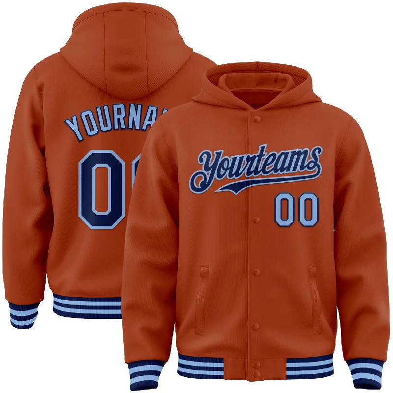 Soft And Breathable Unisex Loungewear Luxury Fashion Discounts Custom Texas Orange Navy-Light Blue Bomber Full-Snap Varsity Letterman Hoodie Jacket Soft And Breathable Unisex Loungewear Luxury Fashion Discounts Custom Texas Orange Navy-Light Blue Bomber Full-Snap Varsity Letterman Hoodie Jacket
