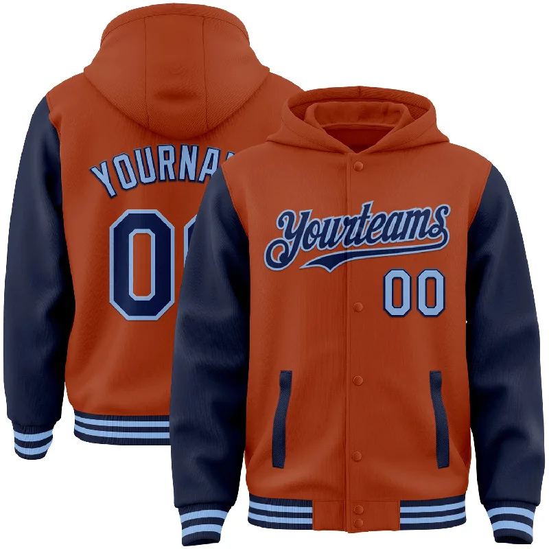 All-Season Unisex Clothing Collection Snag Fabulous Fashion Bargains Custom Texas Orange Navy-Light Blue Bomber Full-Snap Varsity Letterman Two Tone Hoodie Jacket All-Season Unisex Clothing Collection Snag Fabulous Fashion Bargains Custom Texas Orange Navy-Light Blue Bomber Full-Snap Varsity Letterman Two Tone Hoodie Jacket