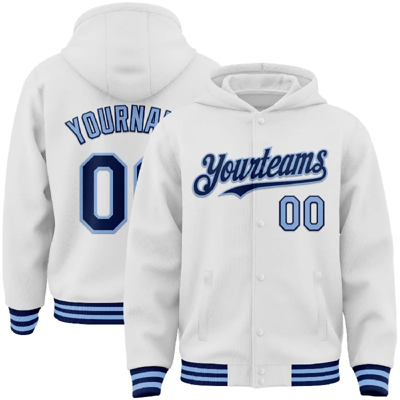 Minimalist Unisex Wardrobe Must-Haves Fashion Frontiers Custom White Navy-Light Blue Bomber Full-Snap Varsity Letterman Hoodie Jacket Minimalist Unisex Wardrobe Must-Haves Fashion Frontiers Custom White Navy-Light Blue Bomber Full-Snap Varsity Letterman Hoodie Jacket