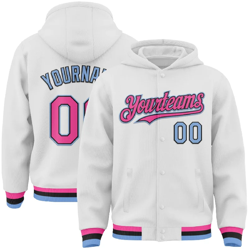 Trendy Unisex Mega Sale Custom White Pink Light Blue-Black Bomber Full-Snap Varsity Letterman Hoodie Jacket Trendy Unisex Mega Sale Custom White Pink Light Blue-Black Bomber Full-Snap Varsity Letterman Hoodie Jacket
