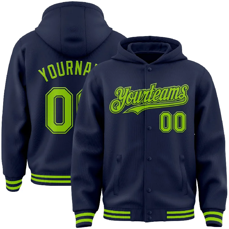 Comfortable Gender-Free Fashion Choices Sale Event, Prices Rock Custom Navy Neon Green Bomber Full-Snap Varsity Letterman Hoodie Jacket