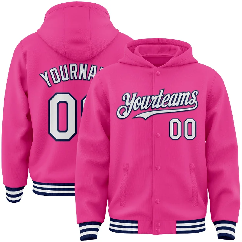 Oversized And Relaxed Unisex Fashion Flash Sale Fever Custom Pink White-Navy Bomber Full-Snap Varsity Letterman Hoodie Jacket Oversized And Relaxed Unisex Fashion Flash Sale Fever Custom Pink White-Navy Bomber Full-Snap Varsity Letterman Hoodie Jacket