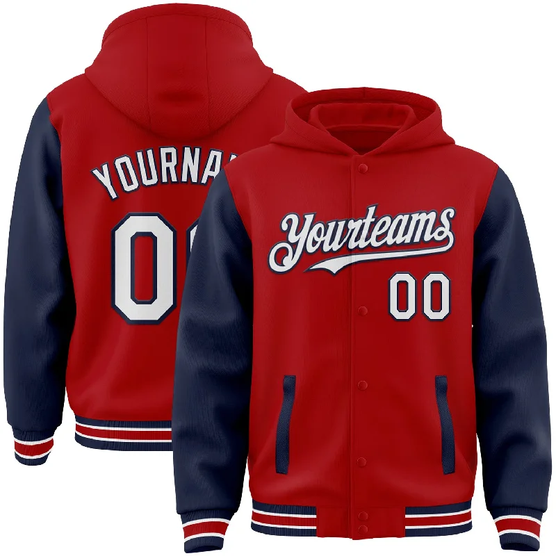 Sleek And Comfortable Unisex Wear Massive Savings Custom Red White-Navy Bomber Full-Snap Varsity Letterman Two Tone Hoodie Jacket