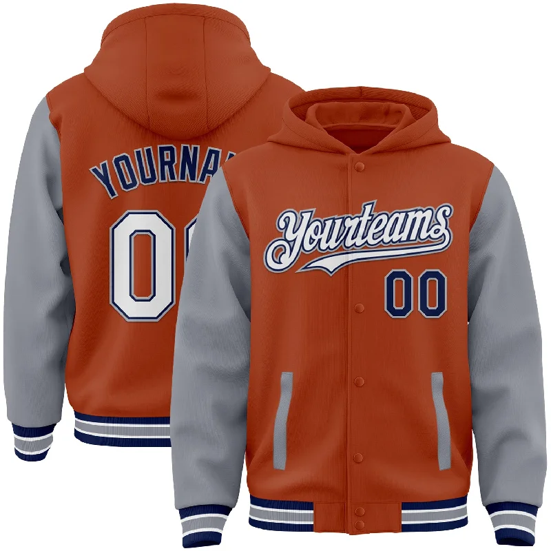 Versatile Gender-Free Wardrobe Essentials Chic & Cozy Collection Custom Texas Orange Navy-Gray Bomber Full-Snap Varsity Letterman Two Tone Hoodie Jacket Versatile Gender-Free Wardrobe Essentials Chic & Cozy Collection Custom Texas Orange Navy-Gray Bomber Full-Snap Varsity Letterman Two Tone Hoodie Jacket
