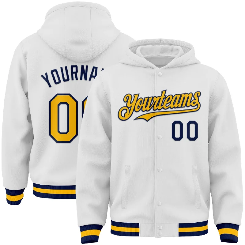 Classic And Timeless Unisex Style Unleash Your Trendy Side Custom White Gold-Navy Bomber Full-Snap Varsity Letterman Hoodie Jacket Classic And Timeless Unisex Style Unleash Your Trendy Side Custom White Gold-Navy Bomber Full-Snap Varsity Letterman Hoodie Jacket