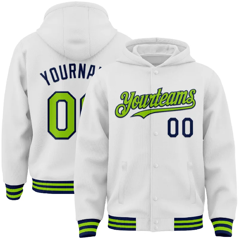 Modern Unisex Streetwear Outfits Ride The Style Wave Custom White Neon Green-Navy Bomber Full-Snap Varsity Letterman Hoodie Jacket Modern Unisex Streetwear Outfits Ride The Style Wave Custom White Neon Green-Navy Bomber Full-Snap Varsity Letterman Hoodie Jacket