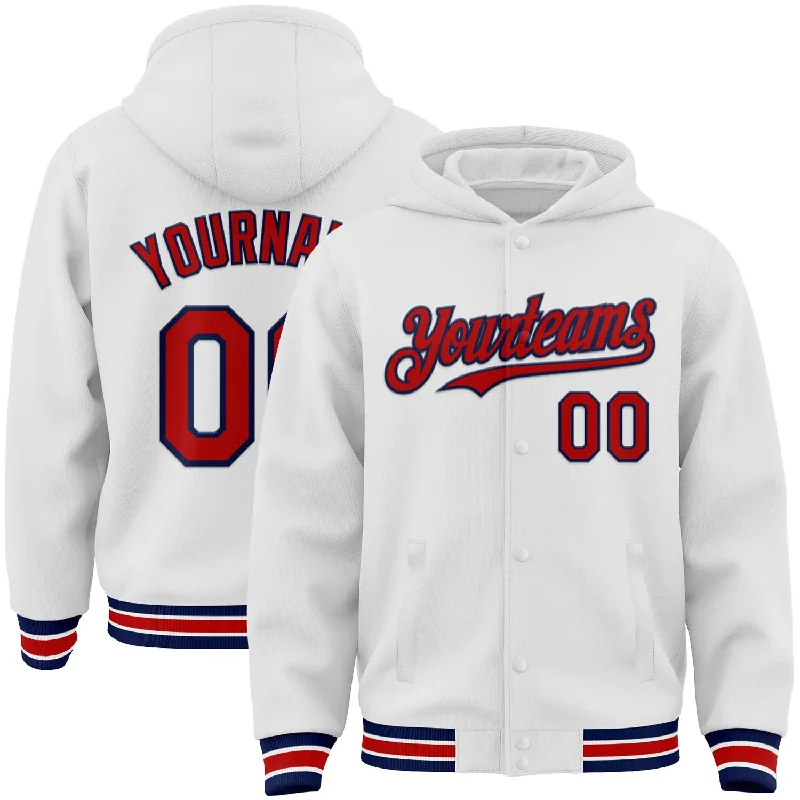 Sleek And Stylish Unisex Outerwear Absurdly Cheap Sale Custom White Red-Navy Bomber Full-Snap Varsity Letterman Hoodie Jacket Sleek And Stylish Unisex Outerwear Absurdly Cheap Sale Custom White Red-Navy Bomber Full-Snap Varsity Letterman Hoodie Jacket