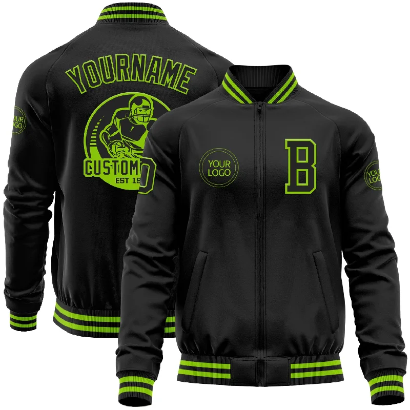 Lightweight And Breathable Unisex Wear Flash Sale Fever Custom Black Neon Green Bomber Varsity Letterman Zipper Jacket Lightweight And Breathable Unisex Wear Flash Sale Fever Custom Black Neon Green Bomber Varsity Letterman Zipper Jacket