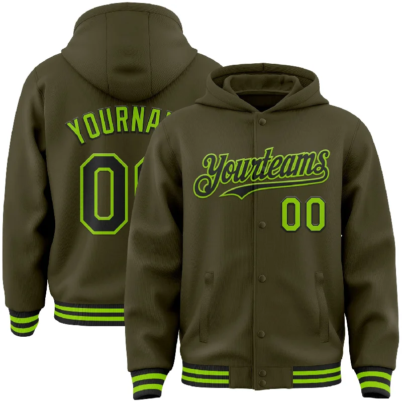 Minimalist Unisex Fashion Essentials Chic & Modern Sales Custom Olive Black-Neon Green Bomber Full-Snap Varsity Letterman Salute To Service Hoodie Jacket Minimalist Unisex Fashion Essentials Chic & Modern Sales Custom Olive Black-Neon Green Bomber Full-Snap Varsity Letterman Salute To Service Hoodie Jacket