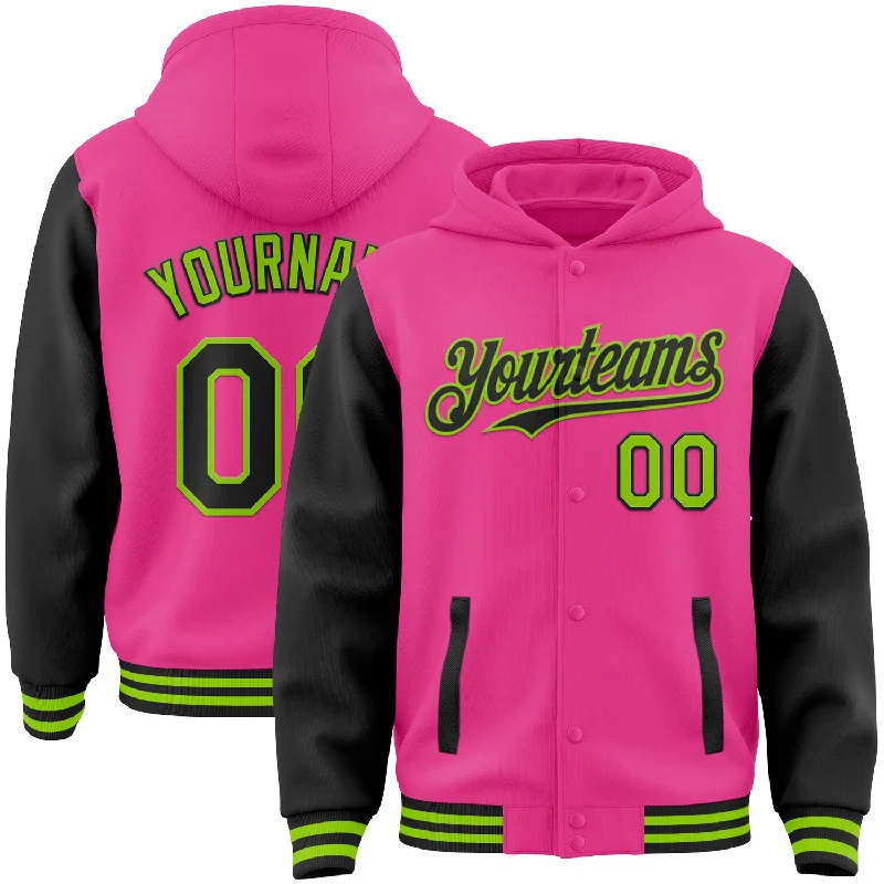 Classic And Timeless Gender-Neutral Fashion Sporty Fashion Offers Custom Pink Black-Neon Green Bomber Full-Snap Varsity Letterman Two Tone Hoodie Jacket Classic And Timeless Gender-Neutral Fashion Sporty Fashion Offers Custom Pink Black-Neon Green Bomber Full-Snap Varsity Letterman Two Tone Hoodie Jacket