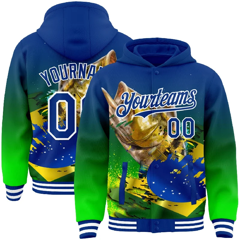 Unisex Casual Wear For All Seasons Limited Edition Custom Royal Neon Green-White Largemouth Bass Fish Fishing 3D Bomber Full-Snap Varsity Letterman Hoodie Jacket