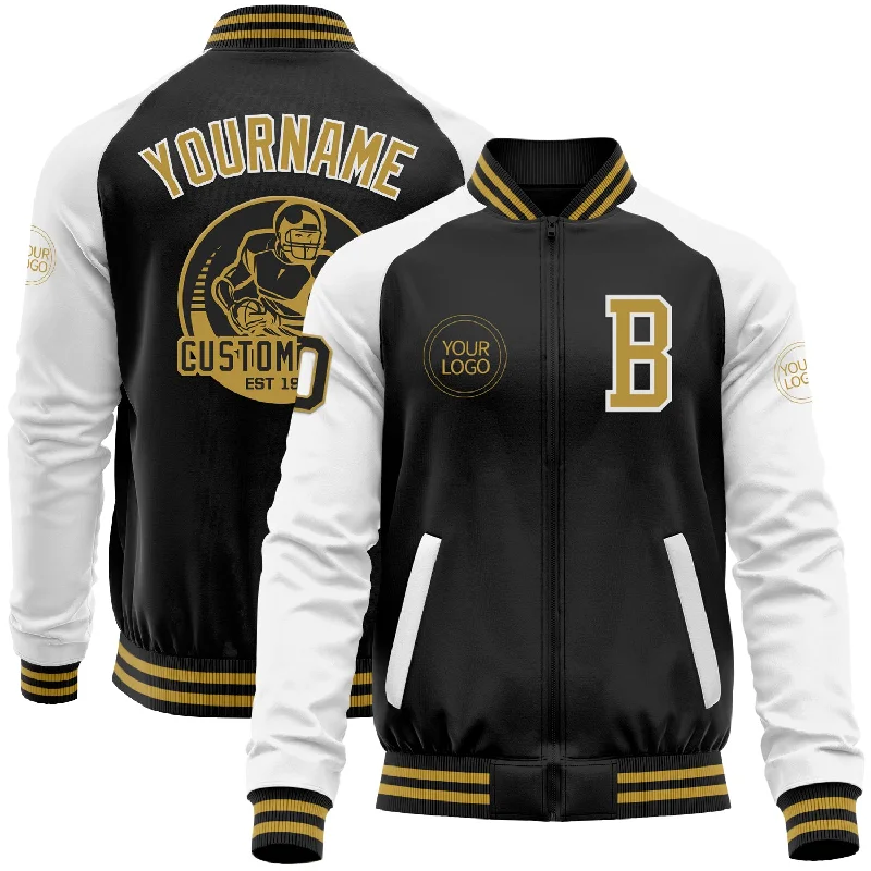 Unisex Everyday Fashion Essentials Shop Sale Items Custom Black Old Gold-White Bomber Varsity Letterman Two Tone Zipper Jacket Unisex Everyday Fashion Essentials Shop Sale Items Custom Black Old Gold-White Bomber Varsity Letterman Two Tone Zipper Jacket
