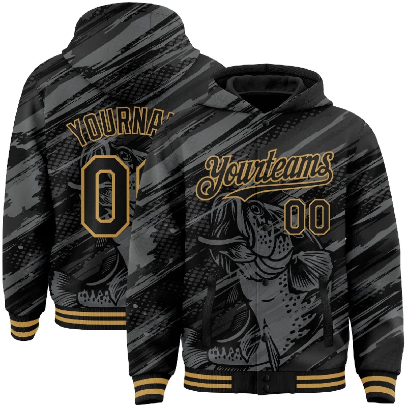 Versatile And Stylish Unisex Apparel Special Offers, Don't Miss Custom Black Old Gold Largemouth Bass Fish Fishing 3D Bomber Full-Snap Varsity Letterman Hoodie Jacket