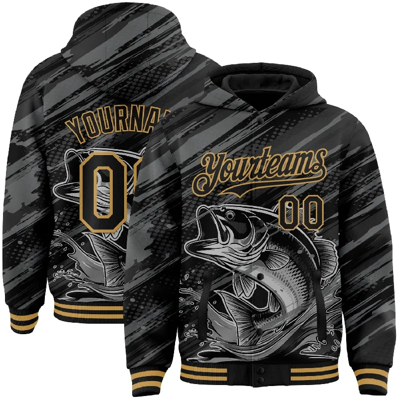 Oversized Unisex Apparel For Effortless Style Spring Offer Custom Black Old Gold Largemouth Bass Fish Fishing 3D Bomber Full-Snap Varsity Letterman Hoodie Jacket
