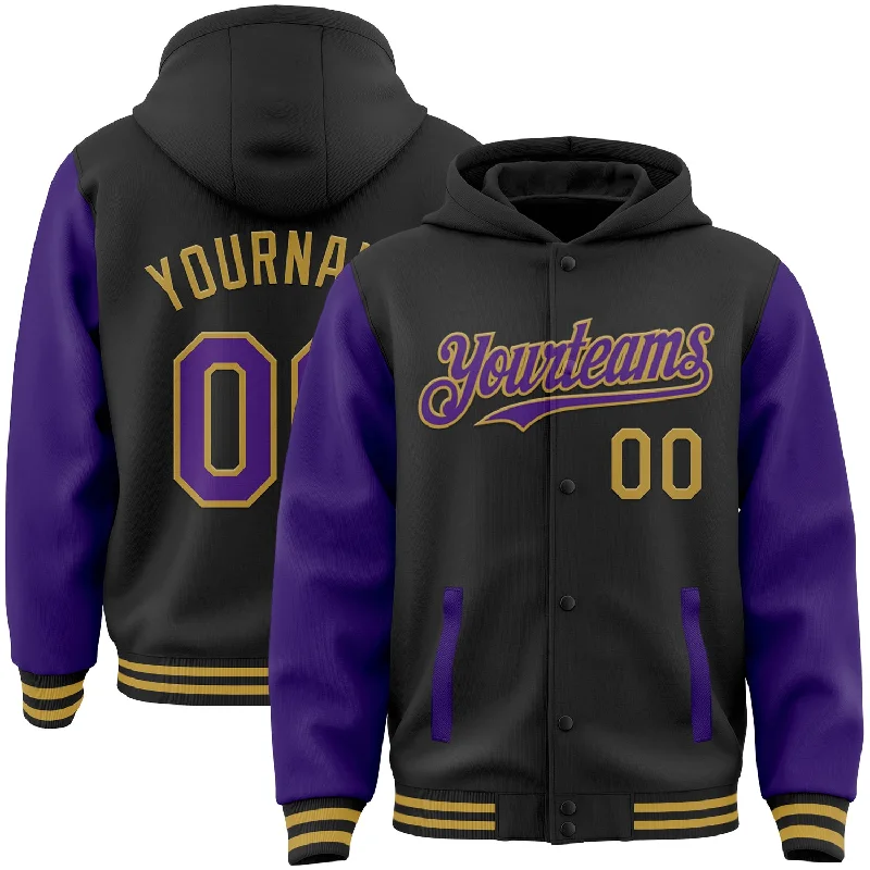 Classic And Timeless Unisex Style Stupidly Low Prices Custom Black Purple-Old Gold Bomber Full-Snap Varsity Letterman Two Tone Hoodie Jacket