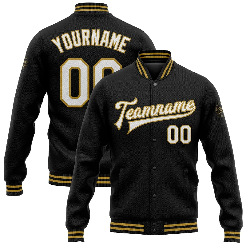 Classic And Timeless Gender-Neutral Fashion Chic Style, Always In Vogue Custom Black White-Old Gold Bomber Full-Snap Varsity Letterman Jacket Classic And Timeless Gender-Neutral Fashion Chic Style, Always In Vogue Custom Black White-Old Gold Bomber Full-Snap Varsity Letterman Jacket