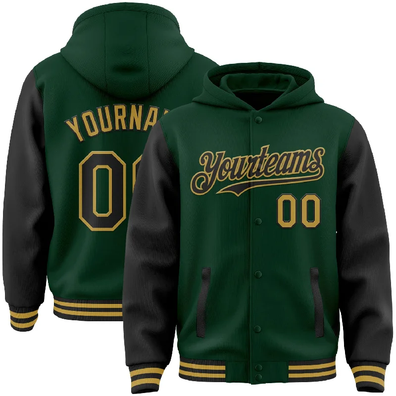 Bold And Trendy Gender-Neutral Outfits Holiday Attire Sale Custom Green Black-Old Gold Bomber Full-Snap Varsity Letterman Two Tone Hoodie Jacket Bold And Trendy Gender-Neutral Outfits Holiday Attire Sale Custom Green Black-Old Gold Bomber Full-Snap Varsity Letterman Two Tone Hoodie Jacket
