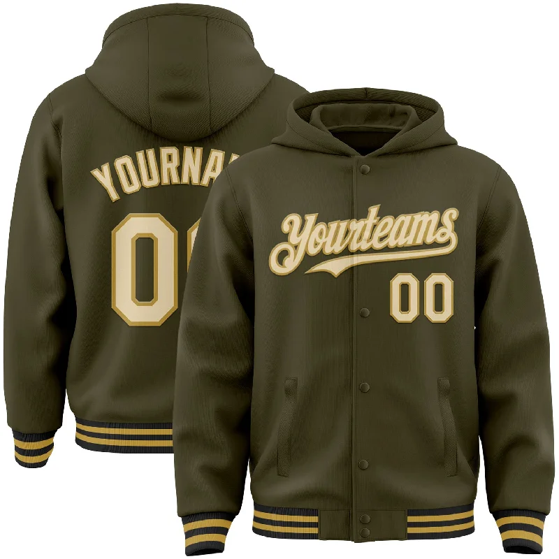 All-Season Unisex Clothing Collection Refined Fashion Sale Custom Olive Cream Old Gold-Black Bomber Full-Snap Varsity Letterman Salute To Service Hoodie Jacket All-Season Unisex Clothing Collection Refined Fashion Sale Custom Olive Cream Old Gold-Black Bomber Full-Snap Varsity Letterman Salute To Service Hoodie Jacket