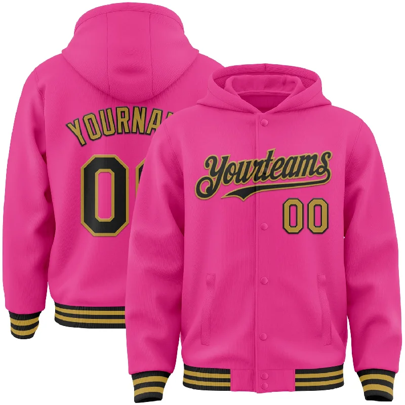 Oversized Unisex Apparel For Effortless Style Unbeatable Deals Custom Pink Black-Old Gold Bomber Full-Snap Varsity Letterman Hoodie Jacket Oversized Unisex Apparel For Effortless Style Unbeatable Deals Custom Pink Black-Old Gold Bomber Full-Snap Varsity Letterman Hoodie Jacket