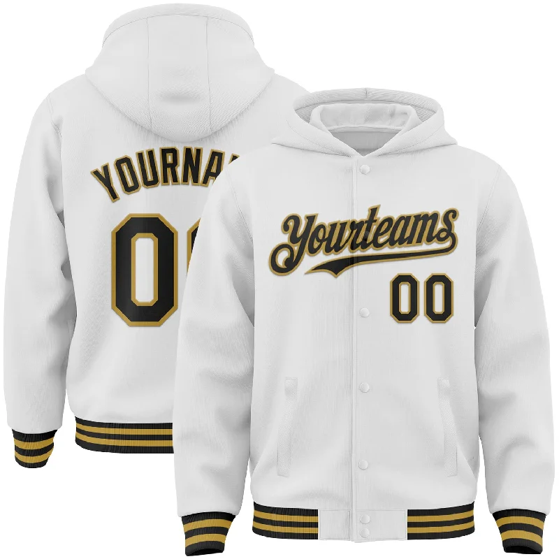 Functional And Stylish Unisex Outerwear Cool Prices Custom White Black-Old Gold Bomber Full-Snap Varsity Letterman Hoodie Jacket Functional And Stylish Unisex Outerwear Cool Prices Custom White Black-Old Gold Bomber Full-Snap Varsity Letterman Hoodie Jacket