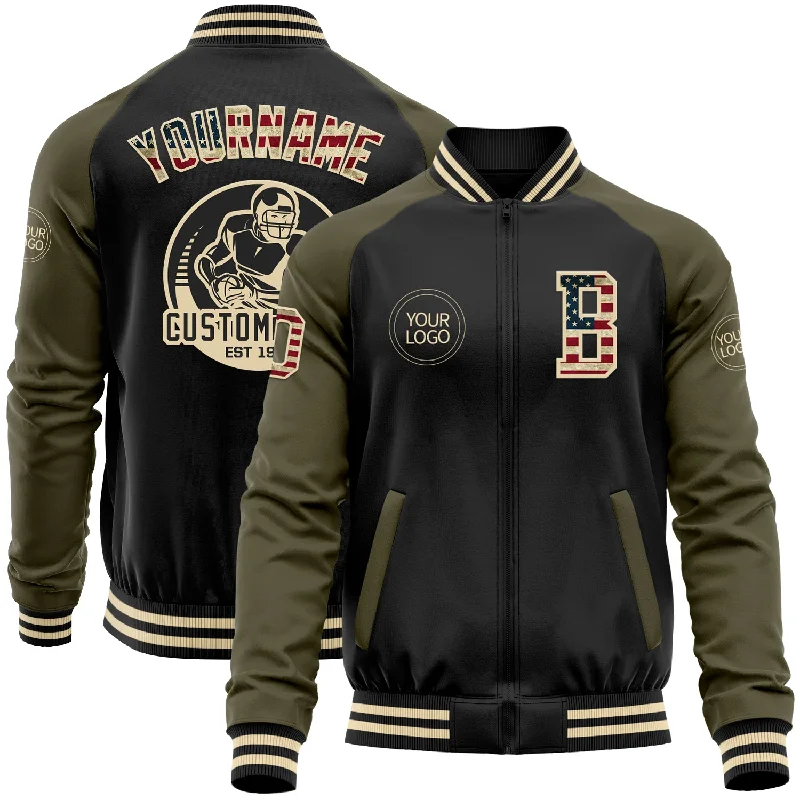 High-Quality Unisex Basics For Everyday Wear Hurry Before It'S Gone Custom Black Vintage USA Flag Olive-Cream Bomber Varsity Letterman Two Tone Zipper Jacket High-Quality Unisex Basics For Everyday Wear Hurry Before It'S Gone Custom Black Vintage USA Flag Olive-Cream Bomber Varsity Letterman Two Tone Zipper Jacket