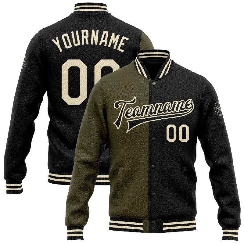 Lightweight And Breathable Unisex Wear Fashion Forward Custom Black Cream-Olive Bomber Full-Snap Varsity Letterman Split Fashion Jacket Lightweight And Breathable Unisex Wear Fashion Forward Custom Black Cream-Olive Bomber Full-Snap Varsity Letterman Split Fashion Jacket