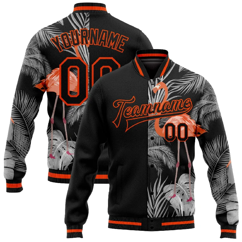 Comfortable And Stylish Unisex Outfits Discover Now Custom Black Orange-Gray Flamingo And Tropical Hawaii Palm Plants 3D Bomber Full-Snap Varsity Letterman Jacket Comfortable And Stylish Unisex Outfits Discover Now Custom Black Orange-Gray Flamingo And Tropical Hawaii Palm Plants 3D Bomber Full-Snap Varsity Letterman Jacket