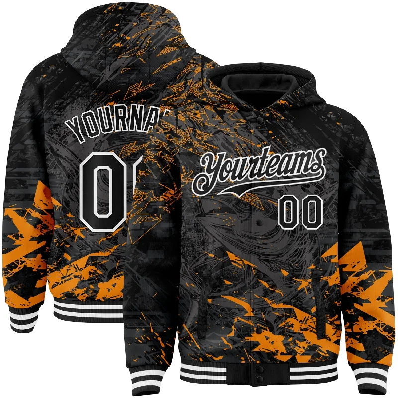 Elegant And Minimal Gender-Free Clothing Hot Brand Discounts Custom Black Orange-White Tuna Fish Fishing 3D Bomber Full-Snap Varsity Letterman Hoodie Jacket