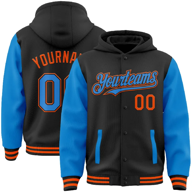 Urban-Inspired Unisex Fashion Pieces Huge Discounts This Week Custom Black Powder Blue-Orange Bomber Full-Snap Varsity Letterman Two Tone Hoodie Jacket