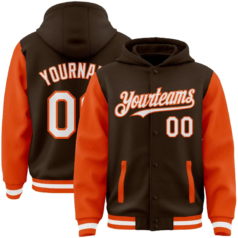 Gender-Neutral Trendy Clothing Styles Seize Bargains Custom Brown White-Orange Bomber Full-Snap Varsity Letterman Two Tone Hoodie Jacket Gender-Neutral Trendy Clothing Styles Seize Bargains Custom Brown White-Orange Bomber Full-Snap Varsity Letterman Two Tone Hoodie Jacket