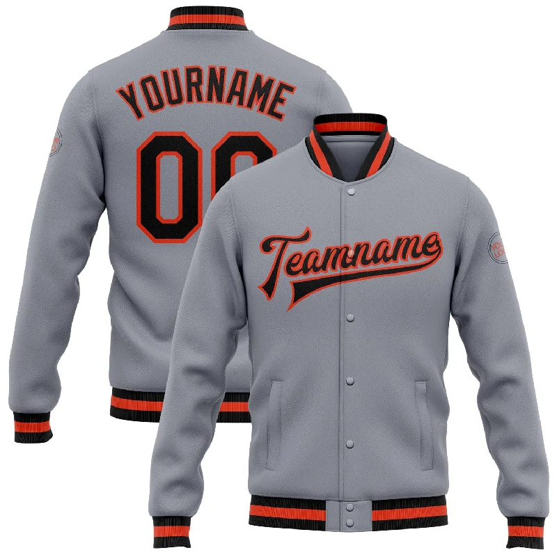 Casual And Trendy Unisex Fashion Staples Exclusive Fashion Deals Custom Gray Black-Orange Bomber Full-Snap Varsity Letterman Jacket Casual And Trendy Unisex Fashion Staples Exclusive Fashion Deals Custom Gray Black-Orange Bomber Full-Snap Varsity Letterman Jacket