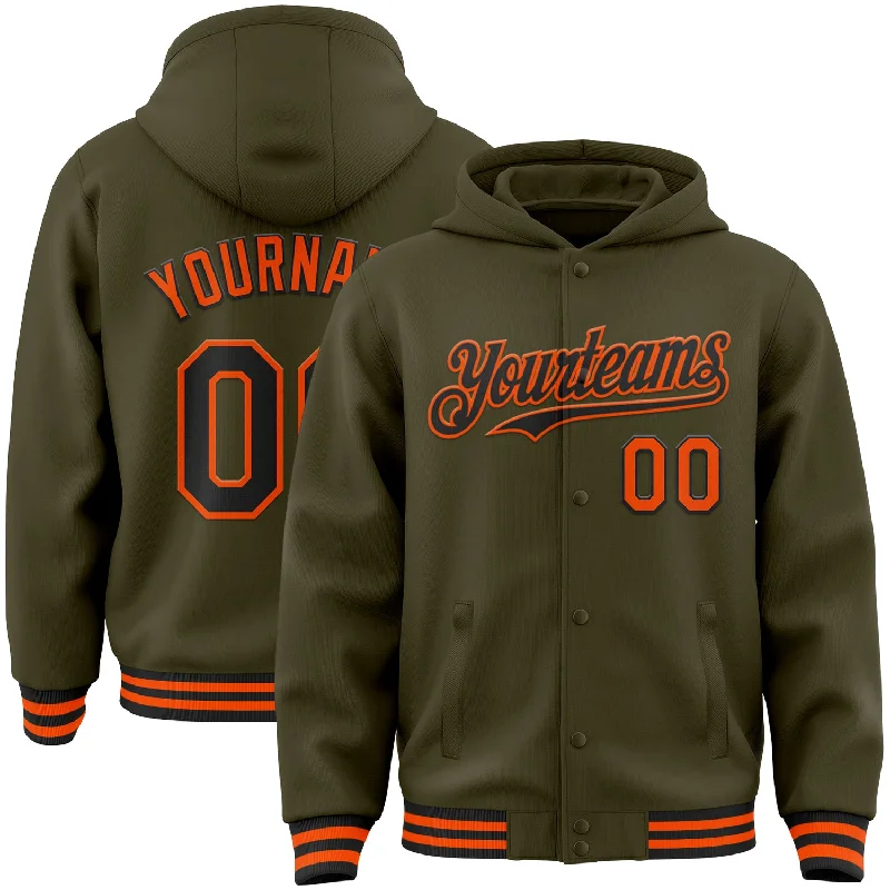 Trendy Unisex Playful Fashion Offers Custom Olive Black-Orange Bomber Full-Snap Varsity Letterman Salute To Service Hoodie Jacket Trendy Unisex Playful Fashion Offers Custom Olive Black-Orange Bomber Full-Snap Varsity Letterman Salute To Service Hoodie Jacket