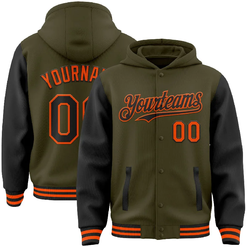 Functional And Stylish Unisex Outerwear Athleisure Style Sale Custom Olive Black-Orange Bomber Full-Snap Varsity Letterman Two Tone Salute To Service Hoodie Jacket Functional And Stylish Unisex Outerwear Athleisure Style Sale Custom Olive Black-Orange Bomber Full-Snap Varsity Letterman Two Tone Salute To Service Hoodie Jacket