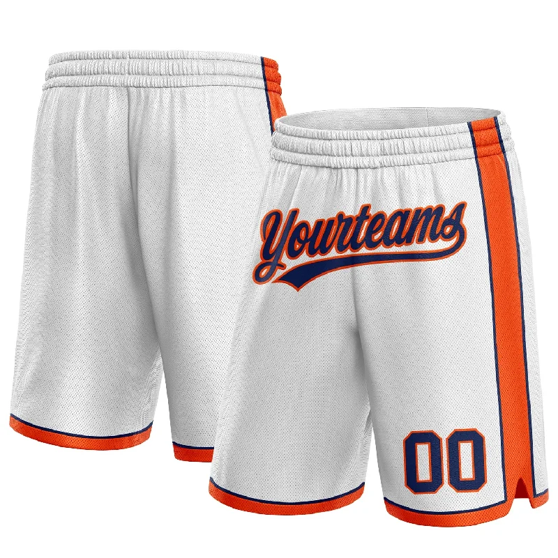 Sleek And Stylish Unisex Outerwear Flirty Fashion Discounts Custom White Navy-Orange Authentic Basketball Shorts Sleek And Stylish Unisex Outerwear Flirty Fashion Discounts Custom White Navy-Orange Authentic Basketball Shorts