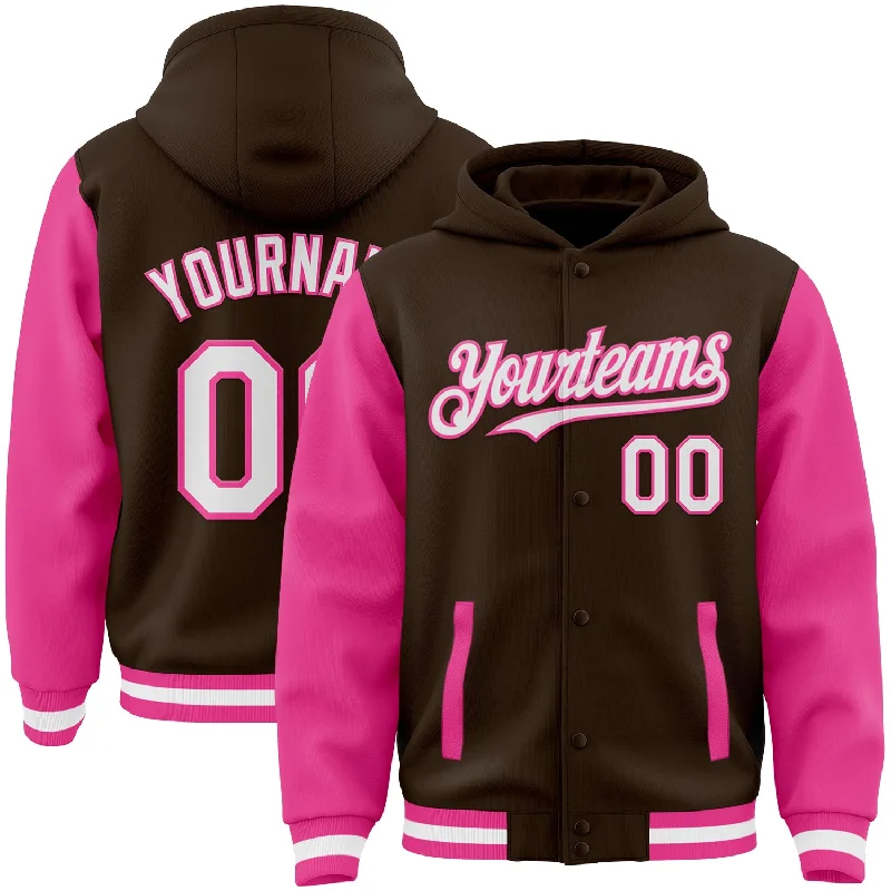 Chic And Contemporary Unisex Clothing Choices Low Price Special Custom Brown White-Pink Bomber Full-Snap Varsity Letterman Two Tone Hoodie Jacket
