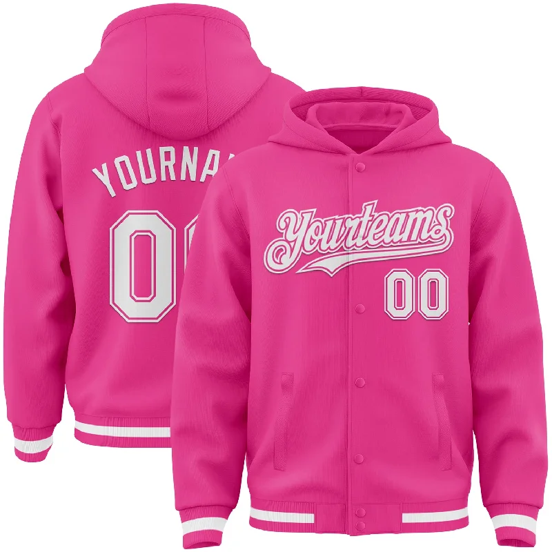 Functional And Stylish Unisex Wear Classic Chic Deals Custom Pink White Bomber Full-Snap Varsity Letterman Hoodie Jacket Functional And Stylish Unisex Wear Classic Chic Deals Custom Pink White Bomber Full-Snap Varsity Letterman Hoodie Jacket