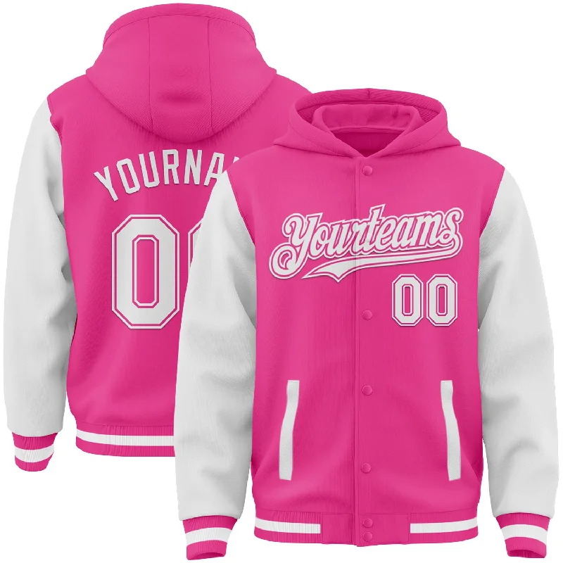 Unisex Casual Wear For All Seasons Contemporary Casual Deals Custom Pink White Bomber Full-Snap Varsity Letterman Two Tone Hoodie Jacket Unisex Casual Wear For All Seasons Contemporary Casual Deals Custom Pink White Bomber Full-Snap Varsity Letterman Two Tone Hoodie Jacket