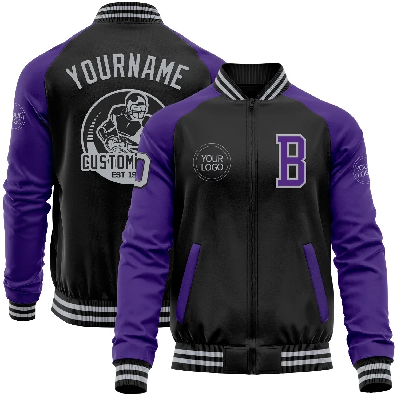 Relaxed-Fit Unisex Fashion For All-Day Comfort Budget Friendly Custom Black Gray-Purple Bomber Varsity Letterman Two Tone Zipper Jacket Relaxed-Fit Unisex Fashion For All-Day Comfort Budget Friendly Custom Black Gray-Purple Bomber Varsity Letterman Two Tone Zipper Jacket