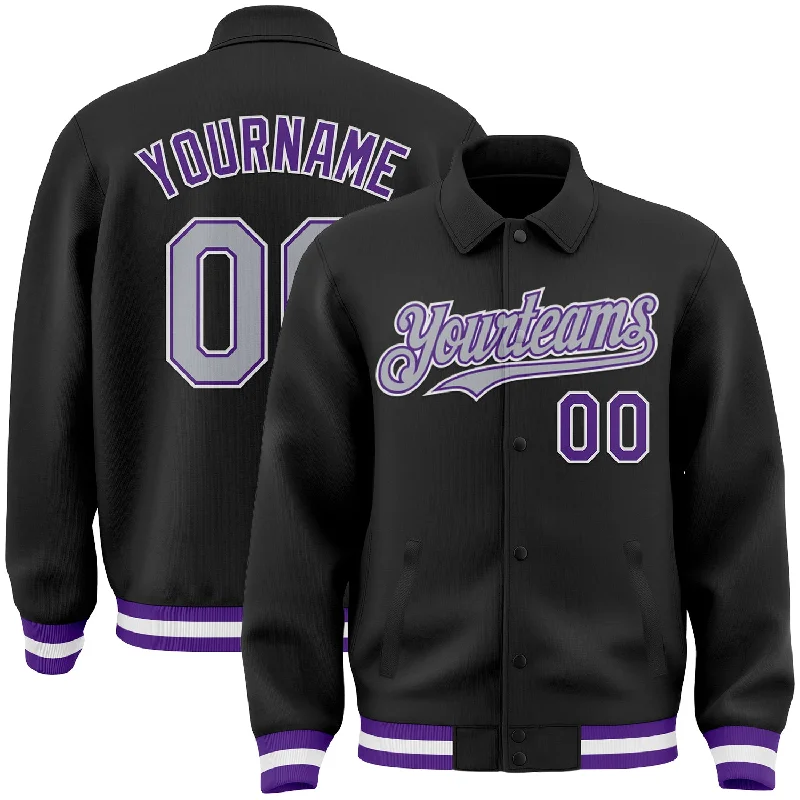 Relaxed-Fit Unisex Clothing Options New Arrivals Custom Black Gray-Purple Bomber Full-Snap Varsity Letterman Lapel Collar Byron Jacket