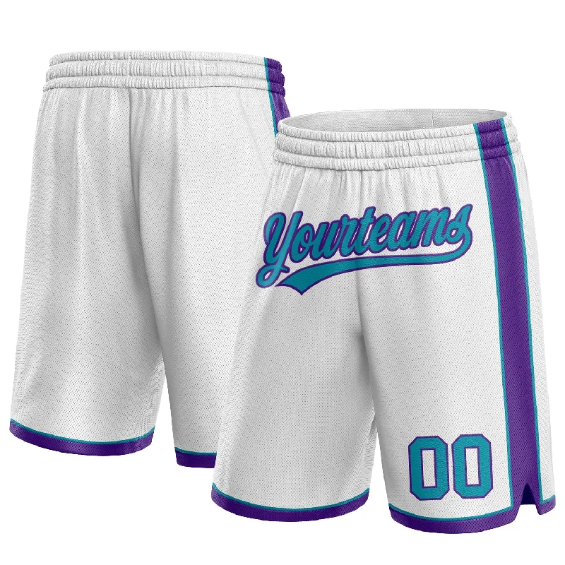 Comfortable And Stylish Unisex Outfits Luxe Style Discounts Custom White Teal-Purple Authentic Basketball Shorts Comfortable And Stylish Unisex Outfits Luxe Style Discounts Custom White Teal-Purple Authentic Basketball Shorts