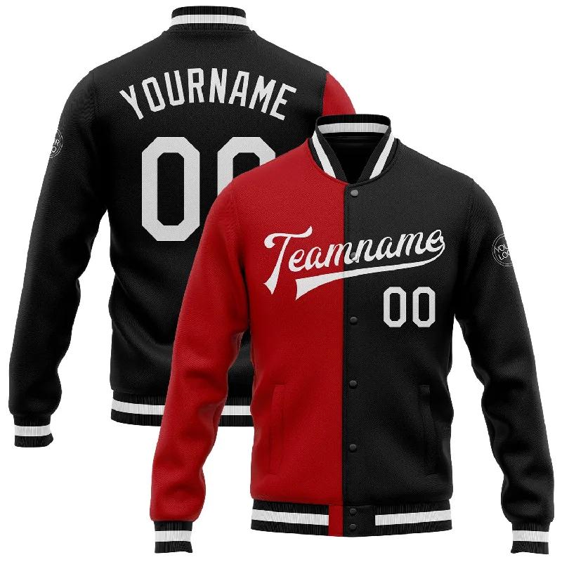 Fashion-Forward Gender-Neutral Outerwear Season Sale Custom Black White-Red Bomber Full-Snap Varsity Letterman Split Fashion Jacket Fashion-Forward Gender-Neutral Outerwear Season Sale Custom Black White-Red Bomber Full-Snap Varsity Letterman Split Fashion Jacket