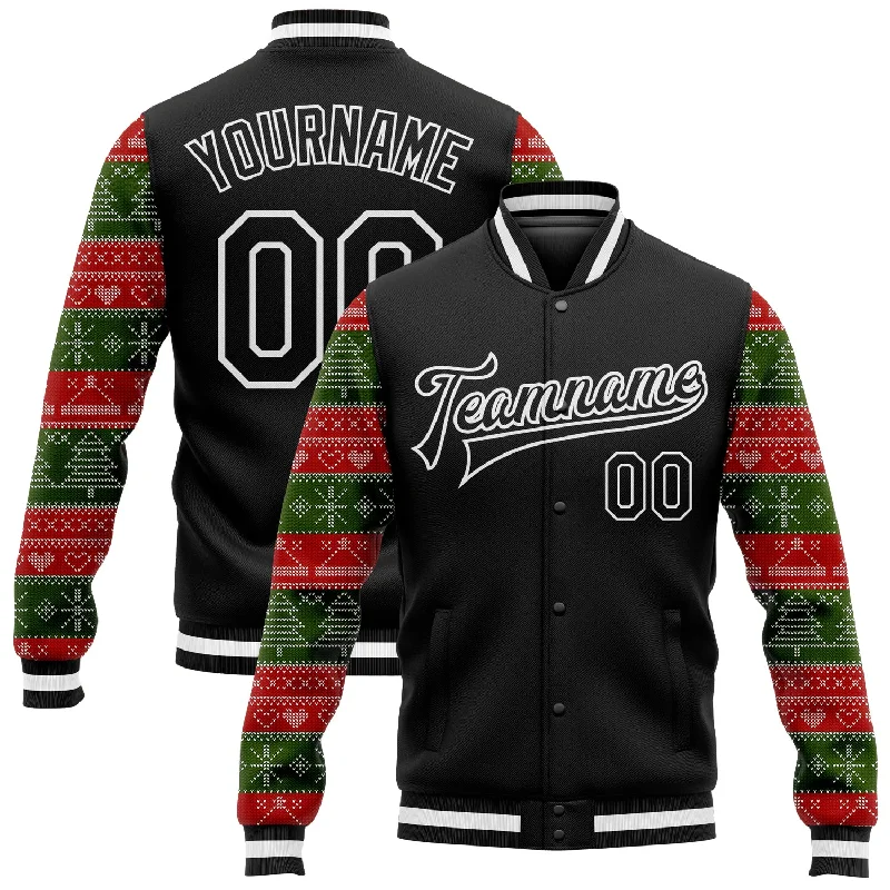 Casual Yet Sophisticated Unisex Fashion Easy Elegance Sales Custom Black Red Green Christmas 3D Bomber Full-Snap Varsity Letterman Jacket Casual Yet Sophisticated Unisex Fashion Easy Elegance Sales Custom Black Red Green Christmas 3D Bomber Full-Snap Varsity Letterman Jacket