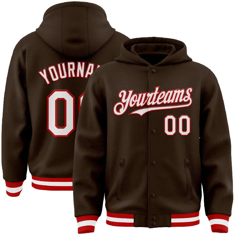 Classic Unisex Fashion Looks Big Discounts Custom Brown White-Red Bomber Full-Snap Varsity Letterman Hoodie Jacket Classic Unisex Fashion Looks Big Discounts Custom Brown White-Red Bomber Full-Snap Varsity Letterman Hoodie Jacket