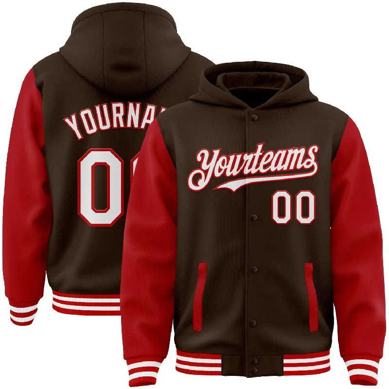 Casual And Trendy Unisex Fashion Staples Shop Sales Custom Brown White-Red Bomber Full-Snap Varsity Letterman Two Tone Hoodie Jacket Casual And Trendy Unisex Fashion Staples Shop Sales Custom Brown White-Red Bomber Full-Snap Varsity Letterman Two Tone Hoodie Jacket