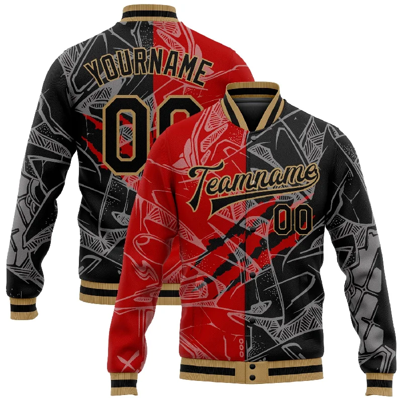 Unisex Casual Fashion Trends Premium Fashion Custom Graffiti Pattern Black Red-Old Gold 3D Bomber Full-Snap Varsity Letterman Jacket Unisex Casual Fashion Trends Premium Fashion Custom Graffiti Pattern Black Red-Old Gold 3D Bomber Full-Snap Varsity Letterman Jacket