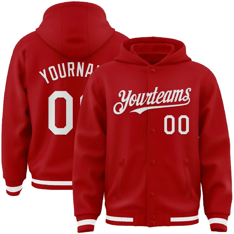Functional And Stylish Unisex Outerwear Limited Time Offer Custom Red White Bomber Full-Snap Varsity Letterman Hoodie Jacket