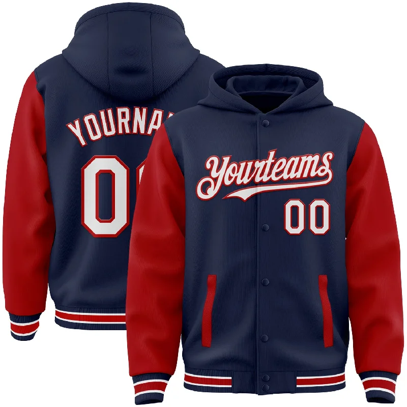 Casual And Trendy Unisex Fashion Staples Additional Time-Limited Offers Custom Navy White-Red Bomber Full-Snap Varsity Letterman Two Tone Hoodie Jacket